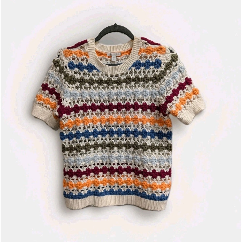 Womens Open Crochet Rainbow Stripe Coastal Grandma Sweater Medium Indie Retro